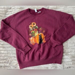 Vintage Burgundy Sweatshirt with Fall Pumpkin Cat Design